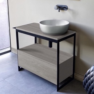 Console Bathroom Vanity Console Sink Vanity With Ceramic Vessel Sink and Grey Oak Drawer, 35